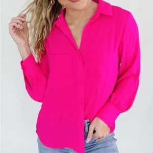 NWT Glam Barbie pink long sleeved button up shirt size M